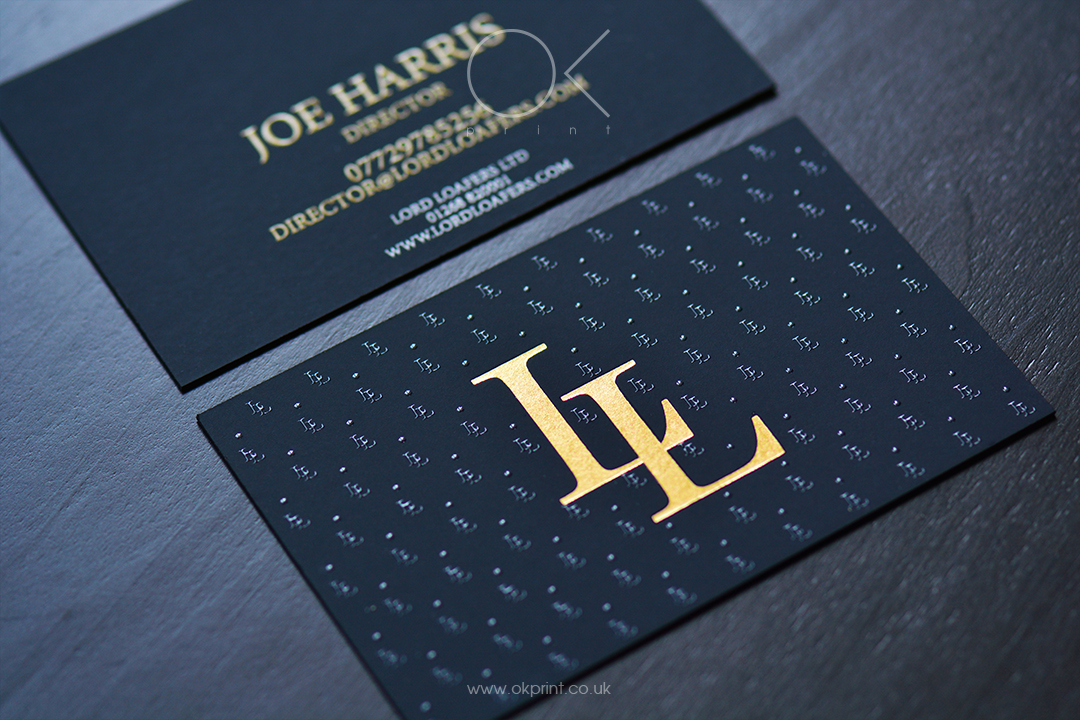 Gold Foil logo and к raised ink on Business Cards Black Paper