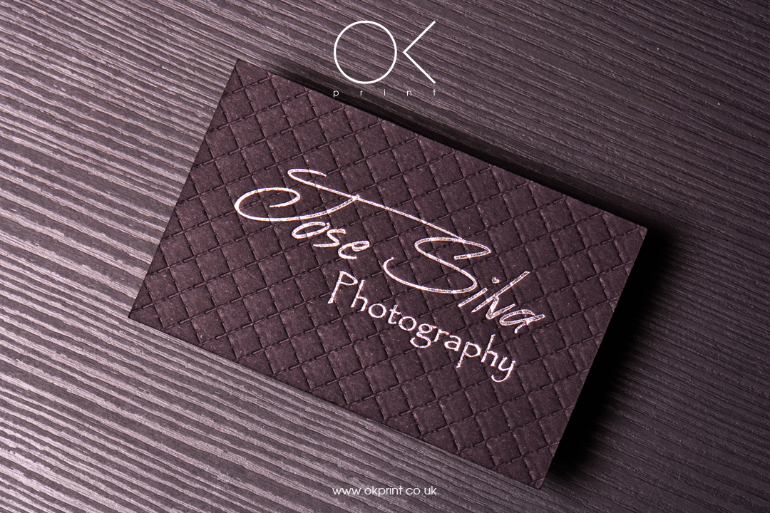 Luxury business cards with silver foil and diamond stitch embossing